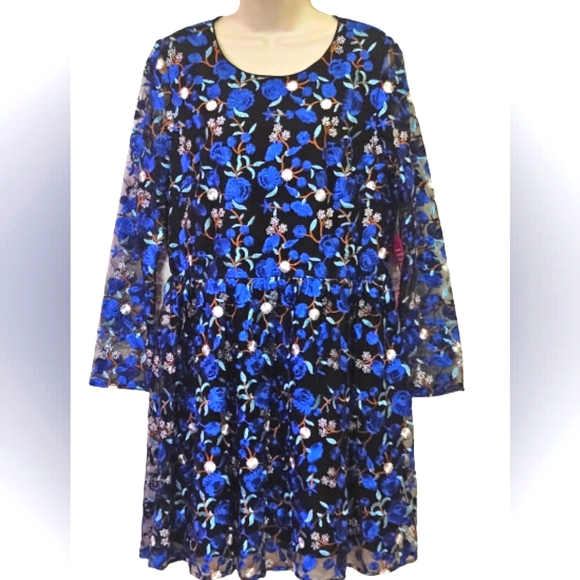Belle Badgley Mischka Blue/Black Floral MultiColor Embroidered Dress,Size 14,NWT - Picture 12 of 15